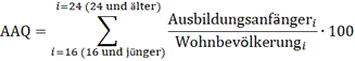 Grafik der Formel: AAQ gleich, Summe von i gleich 16 (16 und jünger) bis 24 (24 und älter), Bruch, Ausbildungsanfänger mit unterem Index i durch Wohnbevölkerung mit unterem Index i, multipliziert mit 100