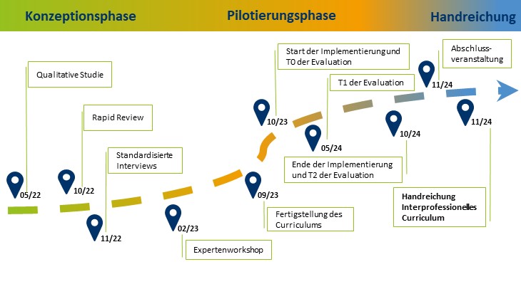 Der Entwicklungsprozess eines interprofessionellen Curriculums ist in drei Phasen gegliedert:  Konzeptionsphase (Mai 2022 - November 2022): Diese Phase beginnt im Mai 2022 und beinhaltet die Durchführung einer qualitativen Studie im Oktober 2022, gefolgt von einem Rapid Review und standardisierten Interviews im November 2022.  Pilotierungsphase (Februar 2023 - Mai 2024): Im Februar 2023 findet ein Expertenworkshop statt. Bis September 2023 wird das Curriculum fertiggestellt. Die Implementierung startet im Oktober 2023, gleichzeitig mit der ersten Evaluationsphase (T0). Im Mai 2024 folgt die zweite Evaluationsphase (T1) und im Oktober 2024 endet die Implementierung mit der dritten Evaluationsphase (T2).  Handreichung (November 2024): Im November 2024 wird die Handreichung für das interprofessionelle Curriculum erstellt und die Abschlussveranstaltung durchgeführt.  Jede Phase ist durch spezifische Aktivitäten und Meilensteine gekennzeichnet, die den Fortschritt des Projekts markieren.