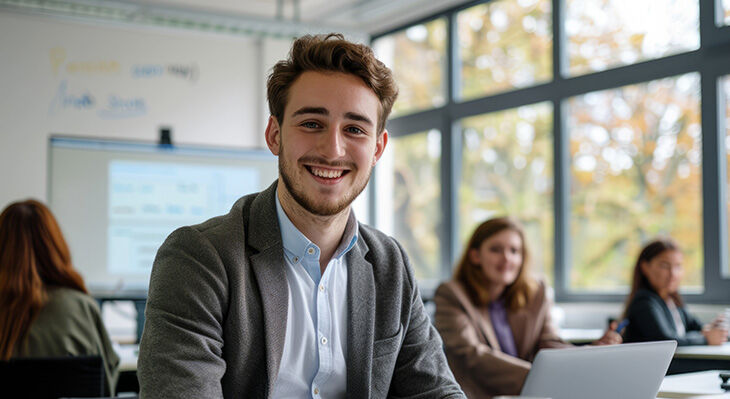 Lächelnder junger  Mann in einem Klassenzimmer, der an seinem Laptop arbeitet