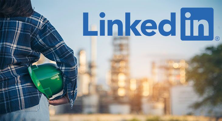 Frau mit Arbeitshelm in der Hand und LinkedIn Logo daneben