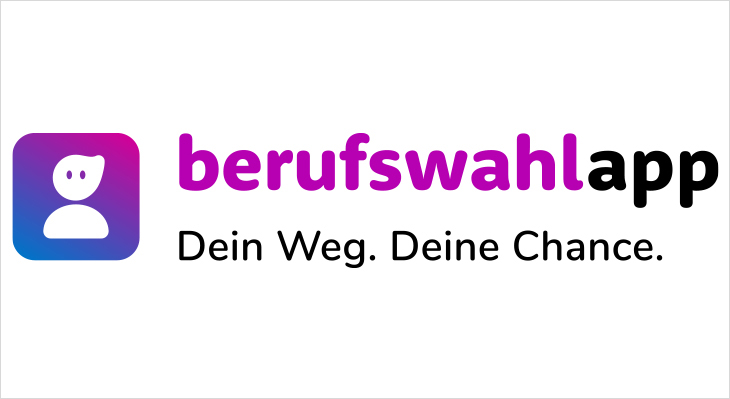 Das Logo der berufswahlapp zeigt links die Silhouette einer menschlichen Figure in einem pink-blauem Kasten. Rechts steht "berufswahlapp. Dein Weg. Deine Chance."