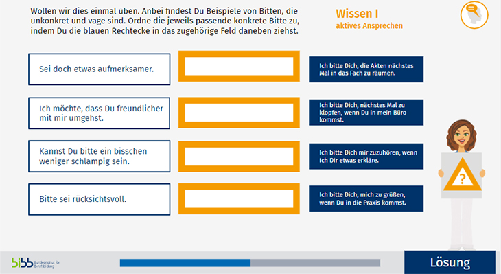 Grafik zeigt ein Beispiel einer Zuordnungsübung, in diesem Fall: Zuordnung von unkonkreten Bitten zu passenden konkreten Bitten.