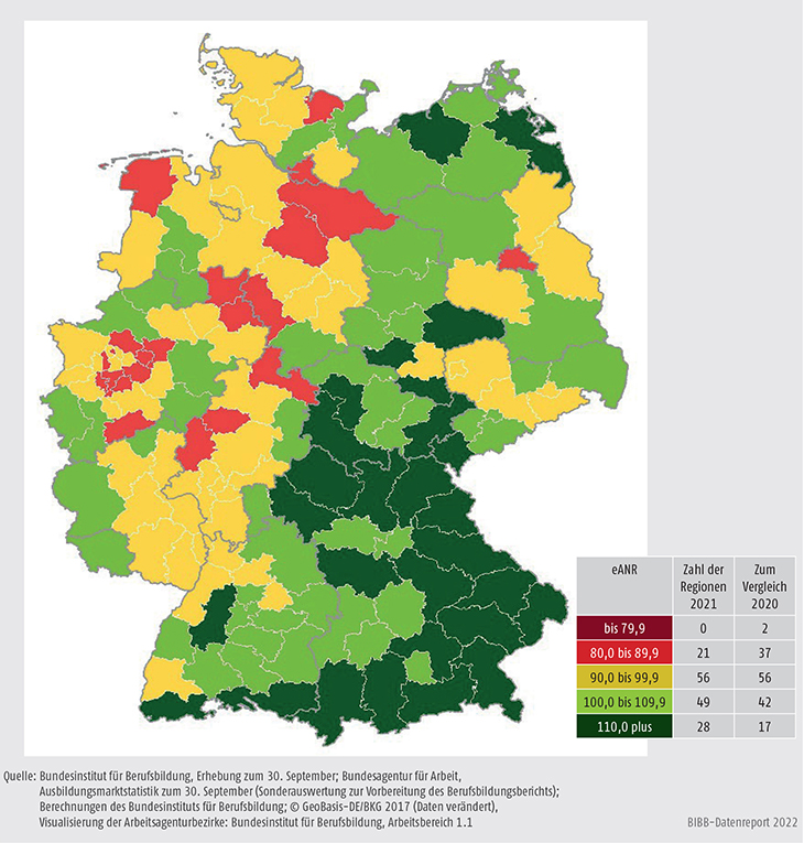 Schaubild A1.1.1-1: Verhältnisse von Angebot und Nachfrage (eANR) 2021 in den Arbeitsagenturbezirken