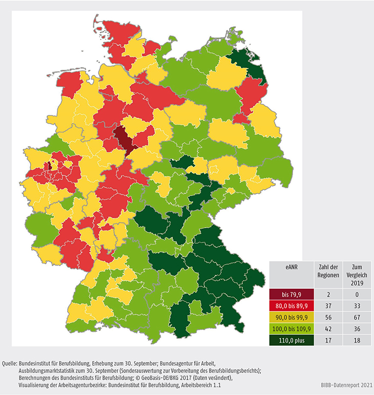 Schaubild A1.1.1-2: Verhältnisse von Angebot und Nachfrage (eANR) 2020 in den Arbeitsagenturbezirken