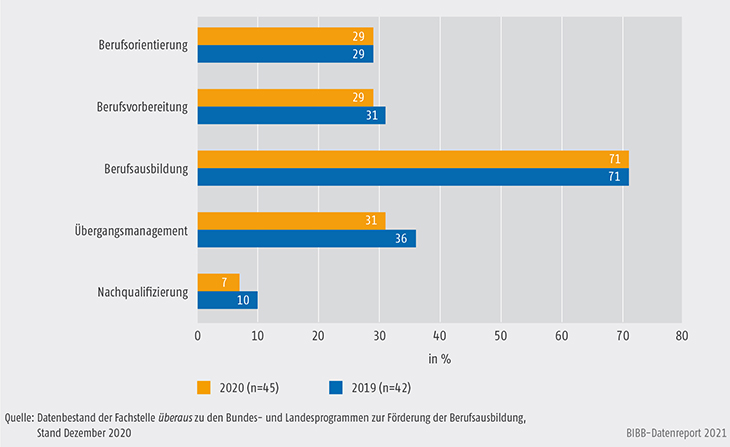 Schaubild A9.4.2-1: Handlungsfelder der Bundesprogramme zur Förderung der Berufsausbildung (Mehrfachzuweisungen, in %)