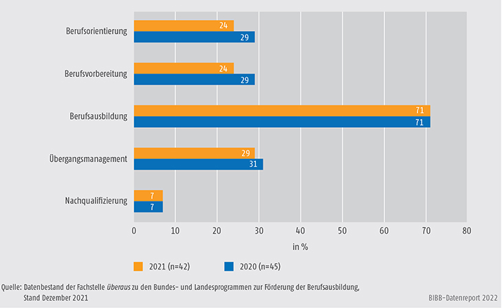 Schaubild A9.4.2-1: Handlungsfelder der Bundesprogramme zur Förderung der Berufsausbildung 2020 und 2021 (Mehrfachzuweisungen, in %)