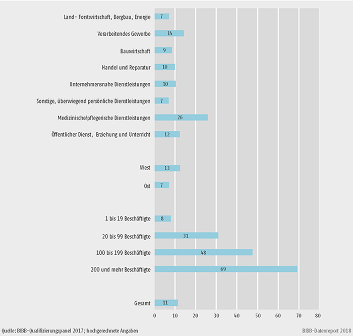 B1.2.3-1: Anteil der Betriebe mit Aufstiegsfortbildungen im Jahr 2017 nach Strukturmerkmalen (in %)