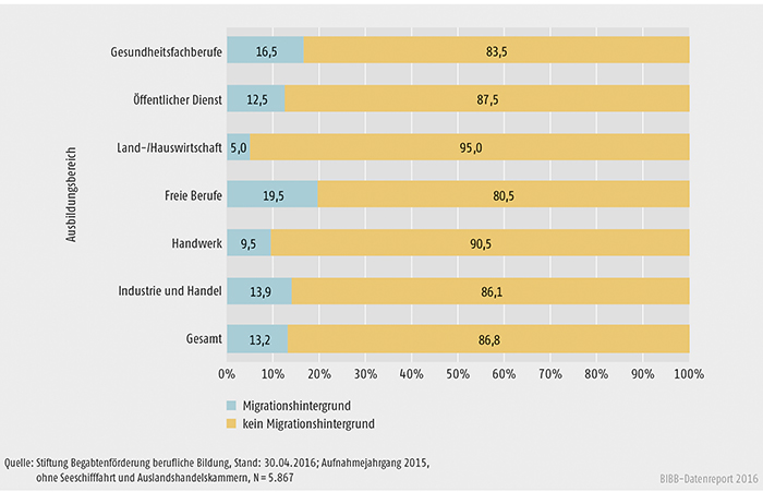 Schaubild B3.3.1-2: Migrationshintergrund der Stipendiaten und Stipendiatinnen nach Ausbildungsbereichen (in %)