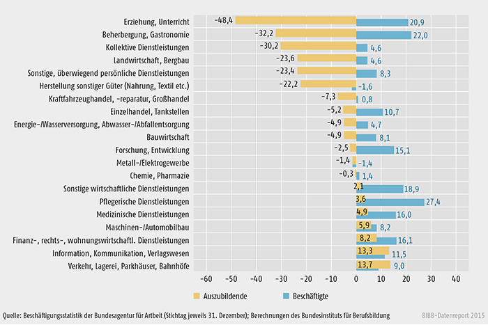 Entwicklung der Auszubildenden und Beschäftigten (ohne Auszubildende) 2013 im Vergleich zu 2007 nach Wirtschaftssektoren (in %)