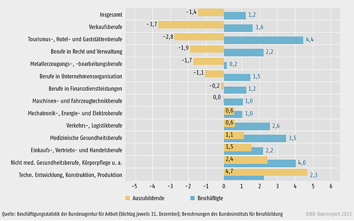 Entwicklung der Auszubildenden und Beschäftigten (ohne Auszubildende) zwischen 2012 und 2013 nach Berufssektoren (in %)