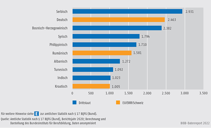 Schaubild D4-3: Neue Anträge zu bundesrechtlich geregelten Berufen bei den zehn häufigsten Staatsangehörigkeiten, 2020 (absolut)