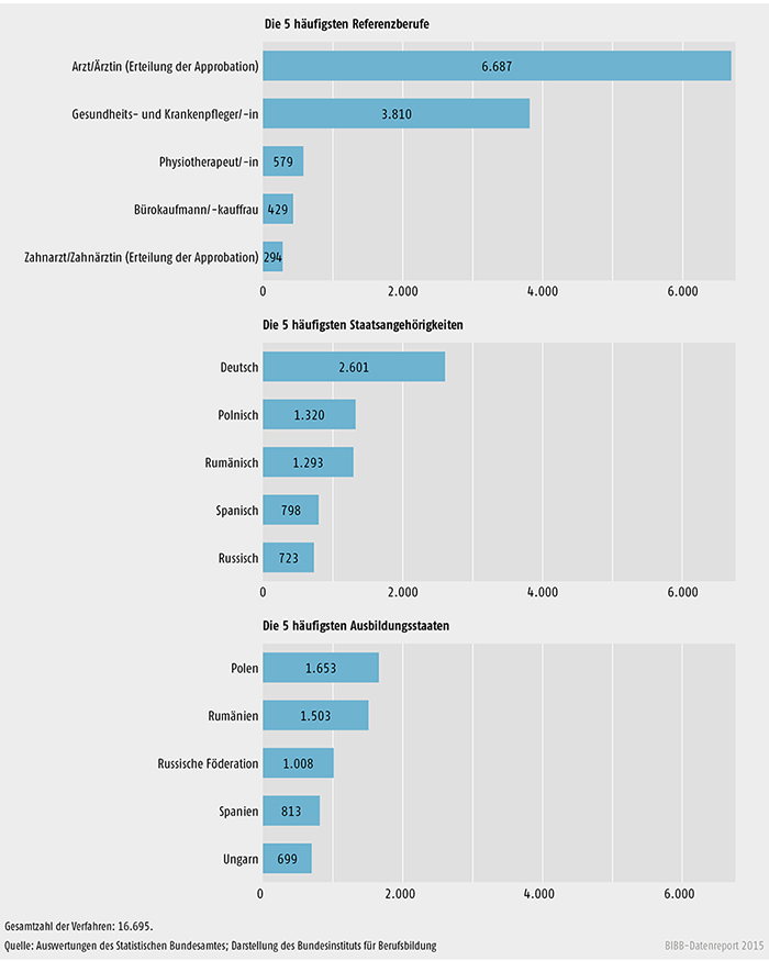 Anzahl der Verfahren bei den häufigsten Referenzberufen, Staatsangehörigkeiten und Ausbildungsstaaten im Jahr 2013