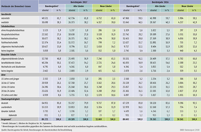 Tabelle A1.3-5: Unvermittelte Bewerber/-innen nach Geschlecht, Schulabschluss, besuchter Schule, Alter und Staatsangehörigkeit in den Berichtsjahren 2017 und 2016