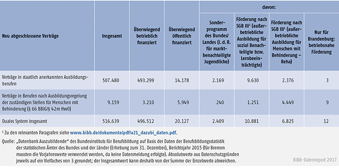 Tabelle A5.4-6: Staatlich anerkannte Ausbildungsberufe und Ausbildungsregelungen der zuständigen Stellen für Menschen mit Behinderung (§ 66 BBiG/§ 42m HwO) nach Art der Förderung, Berichtsjahr 2015