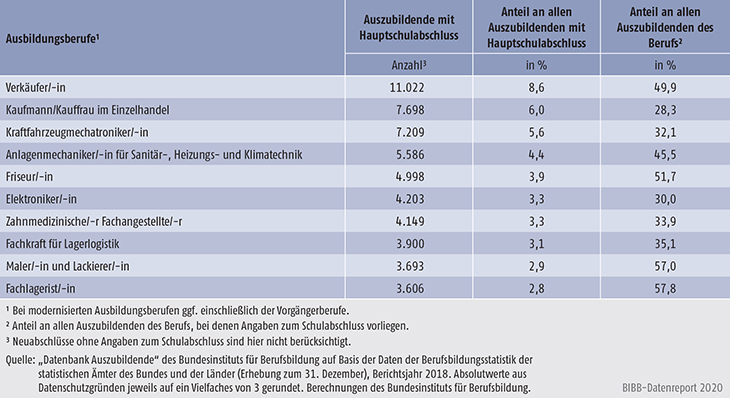 Tabelle A5.5.1-6: Die 10 von Auszubildenden mit neu abgeschlossenem Ausbildungsvertrag und Hauptschulabschluss am stärksten besetzten Ausbildungsberufe 2018