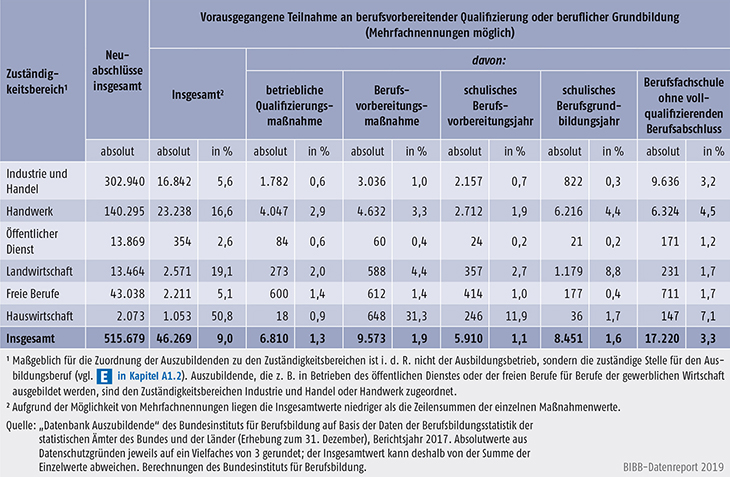 Tabelle A5.5.2-1: Vorausgegangene Teilnahme an berufsvorbereitender Qualifizierung oder beruflicher Grundbildung nach Zuständigkeitsbereichen, Bundesgebiet 2017