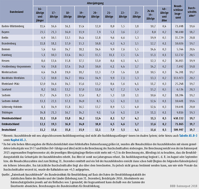 Tabelle A5.8-2: Auszubildende mit neu abgeschlossenem Ausbildungsvertrag nach Alter und Region 2016 (in %)