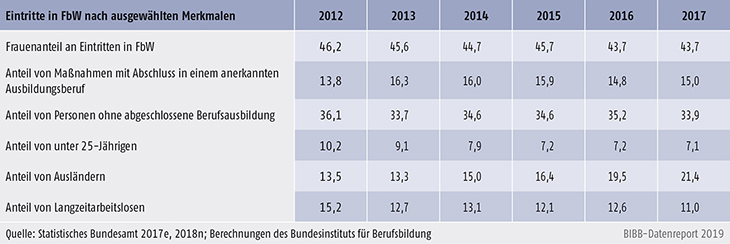Tabelle B3.1-2: Eintritte in FbW (inkl. Reha) nach ausgewählten Merkmalen 2012 bis 2017 (in %)