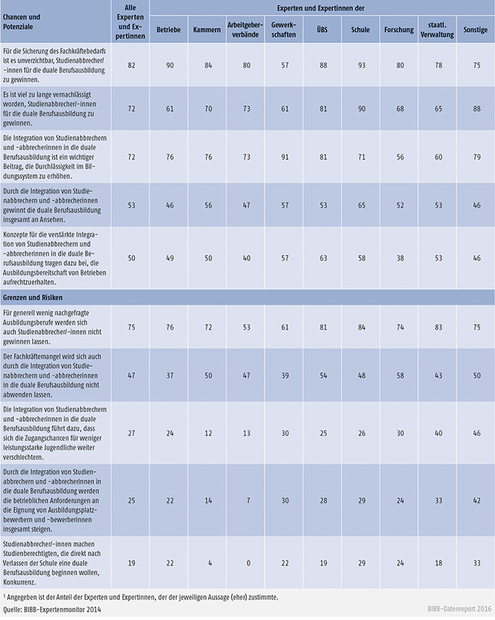 Tabelle C1.1-1: Chancen und Grenzen der Gewinnung von Studienabbrechern und -abbrecherinnen für die duale Berufsausbildung aus Expertensicht (Angaben in %)