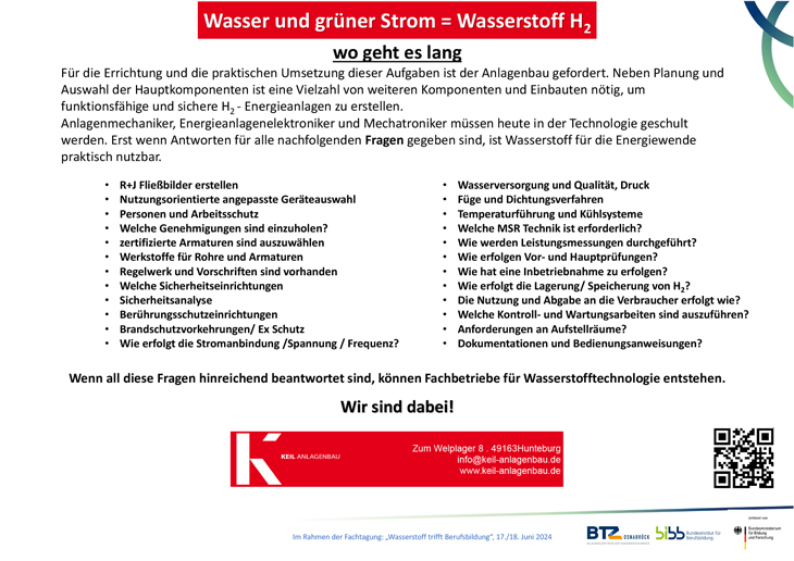 Das Poster listet die Voraussetzungen für die Entstehung von Fachbetrieben für Wasserstofftechnologie